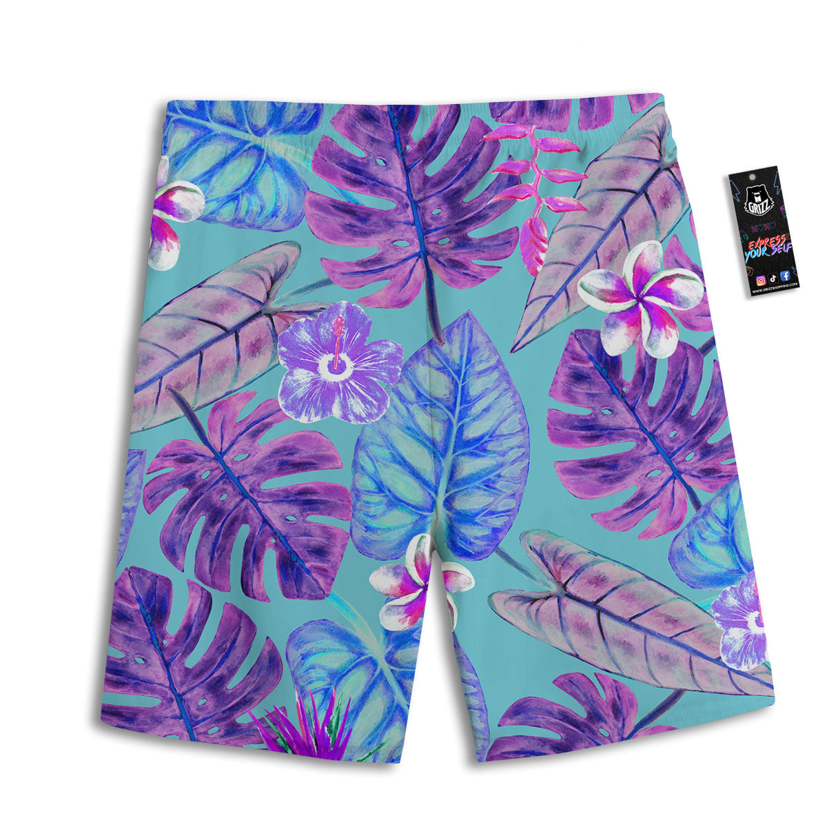 Tropical Leaf Teal And Purple Print Men's Athletic Shorts