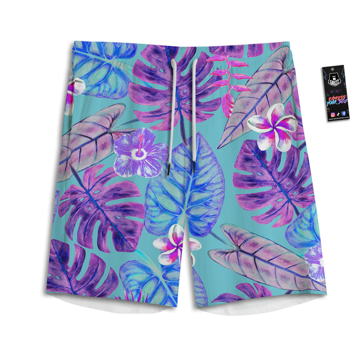 Tropical Leaf Teal And Purple Print Men's Athletic Shorts