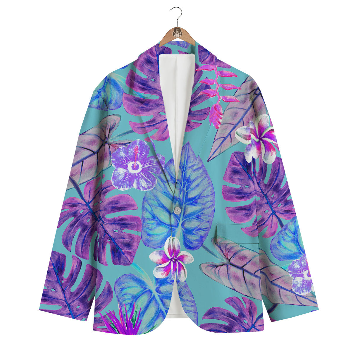Tropical Leaf Teal And Purple Print Men's Blazer-grizzshop