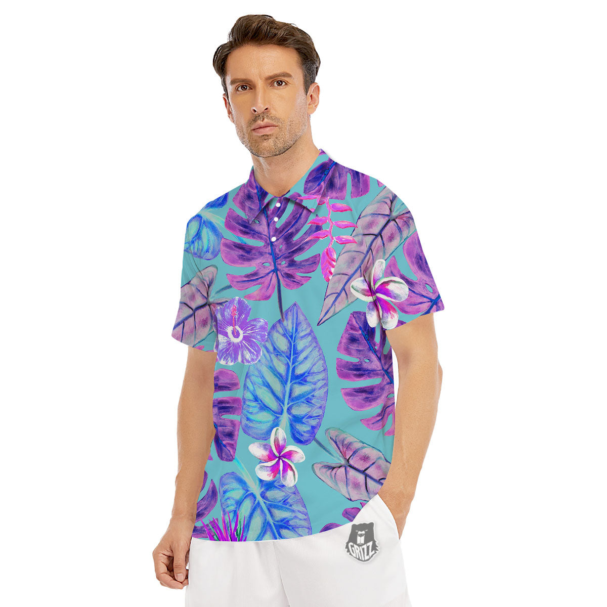 Tropical Leaf Teal And Purple Print Men's Golf Shirts-grizzshop