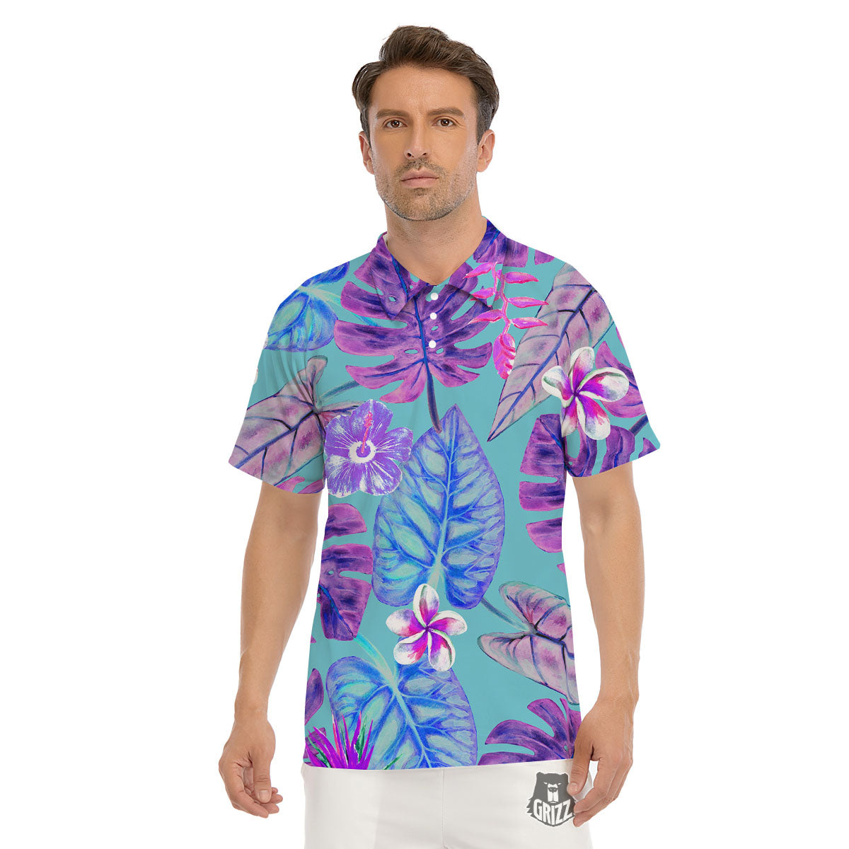 Tropical Leaf Teal And Purple Print Men's Golf Shirts-grizzshop