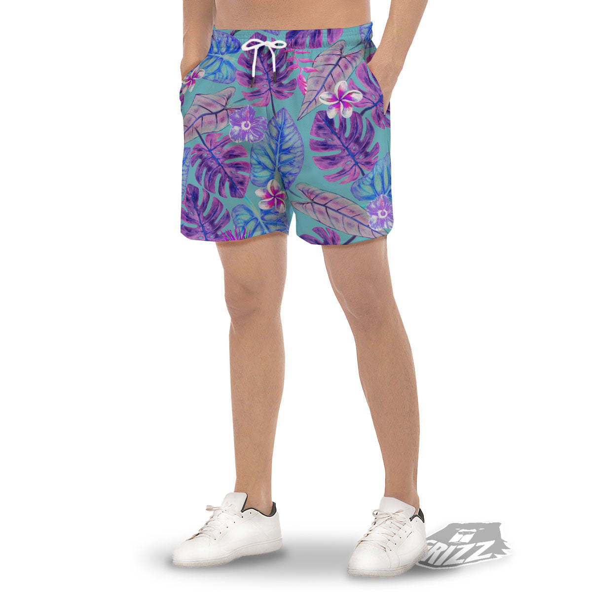 Tropical Leaf Teal And Purple Print Men's Gym Shorts-grizzshop