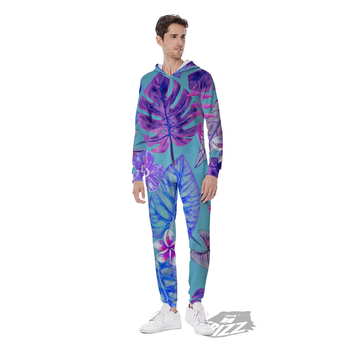 Tropical Leaf Teal And Purple Print Men's Jumpsuit-grizzshop