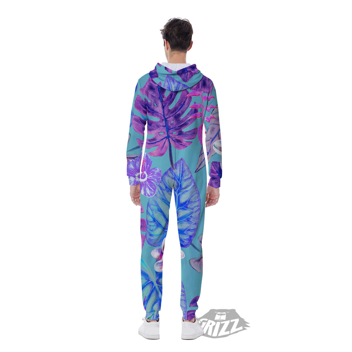 Tropical Leaf Teal And Purple Print Men's Jumpsuit-grizzshop