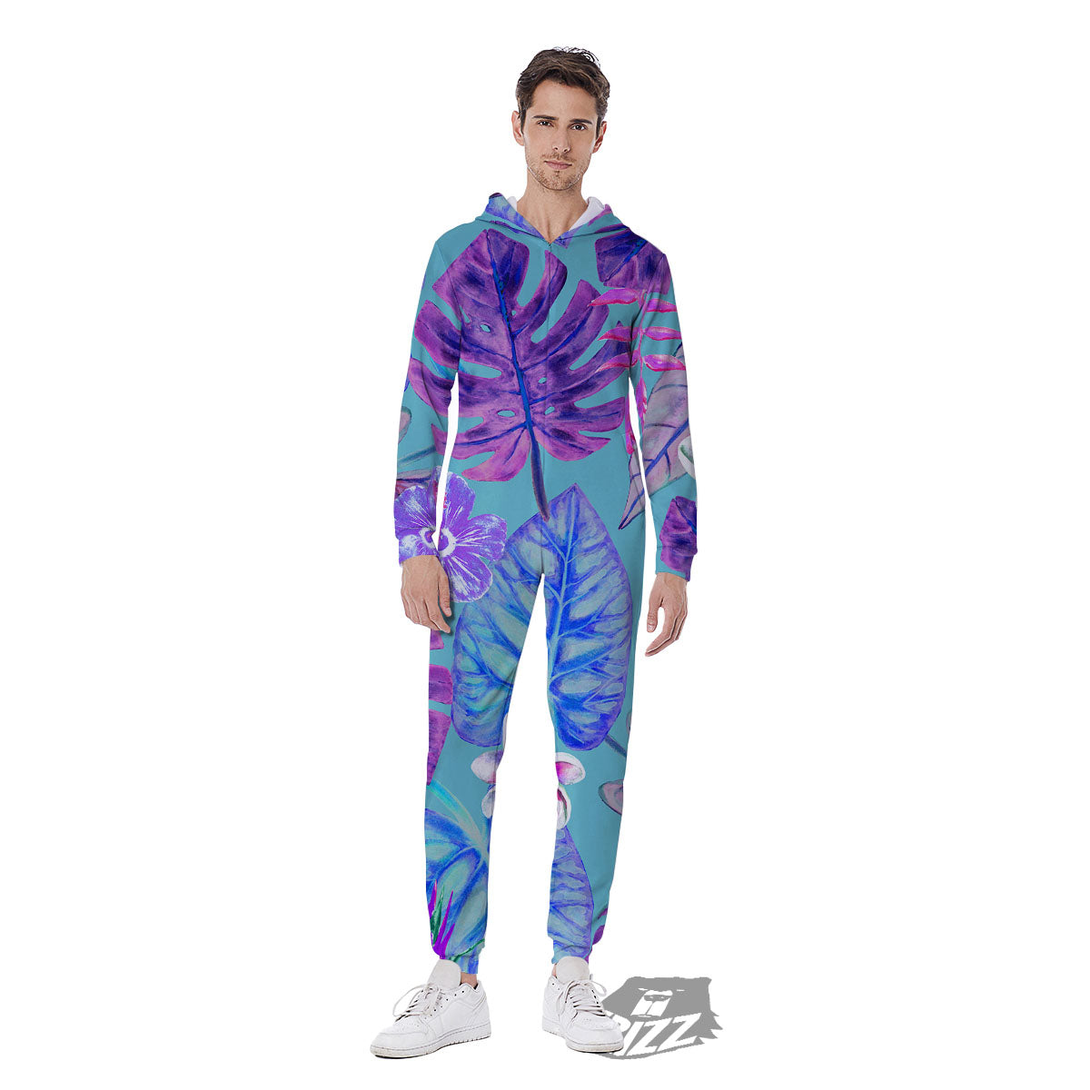 Tropical Leaf Teal And Purple Print Men's Jumpsuit-grizzshop