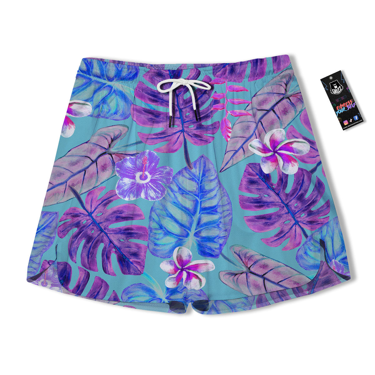 Tropical Leaf Teal And Purple Print Men's Running Shorts-grizzshop