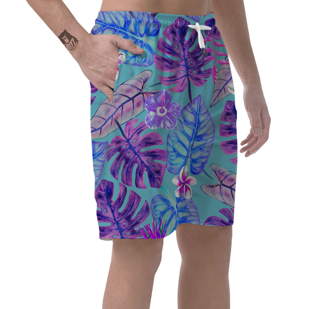 Tropical Leaf Teal And Purple Print Men's Shorts-grizzshop