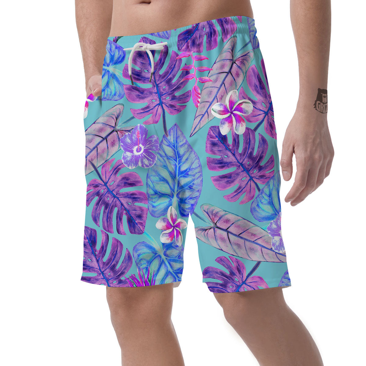 Tropical Leaf Teal And Purple Print Men's Shorts-grizzshop