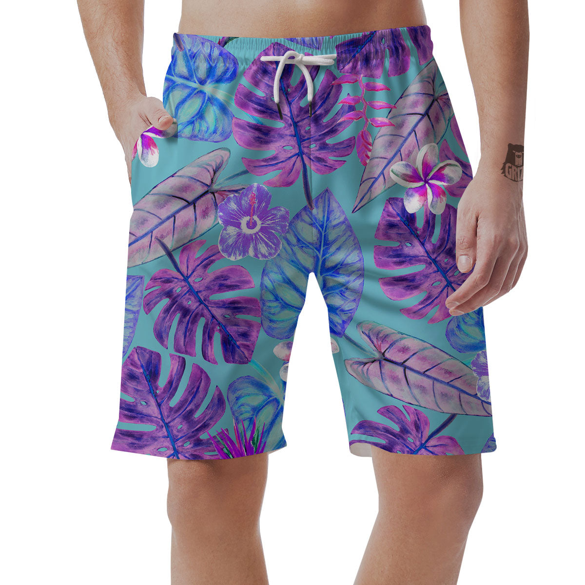Tropical Leaf Teal And Purple Print Men's Shorts-grizzshop