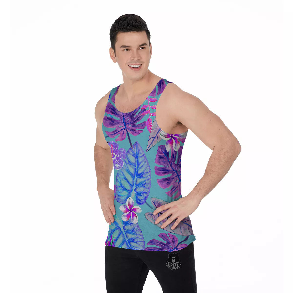 Tropical Leaf Teal And Purple Print Men's Tank Top-grizzshop