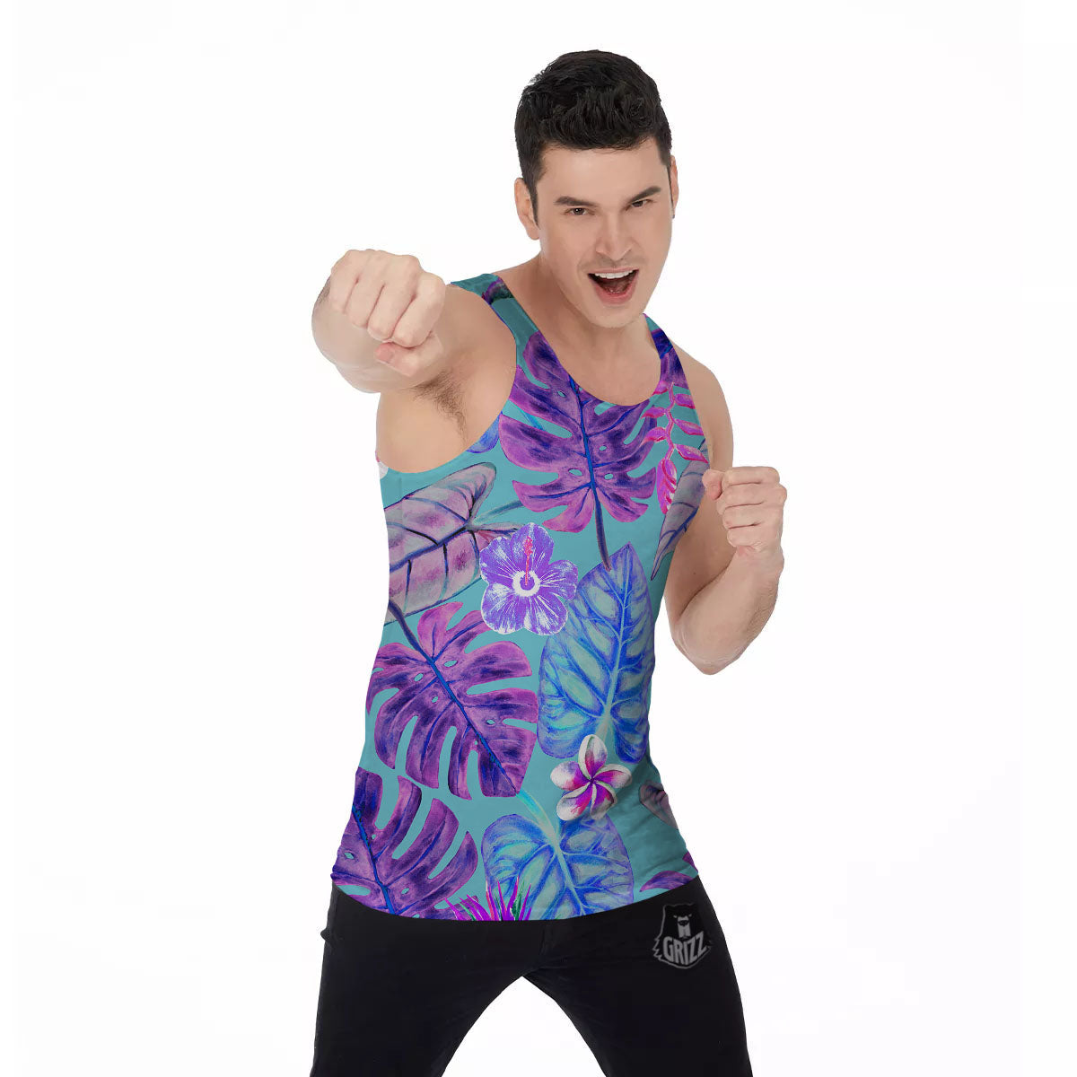 Tropical Leaf Teal And Purple Print Men's Tank Top-grizzshop