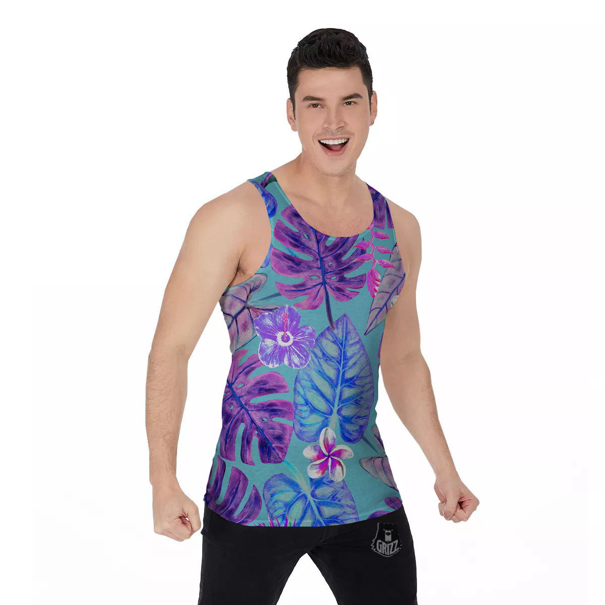 Tropical Leaf Teal And Purple Print Men's Tank Top-grizzshop