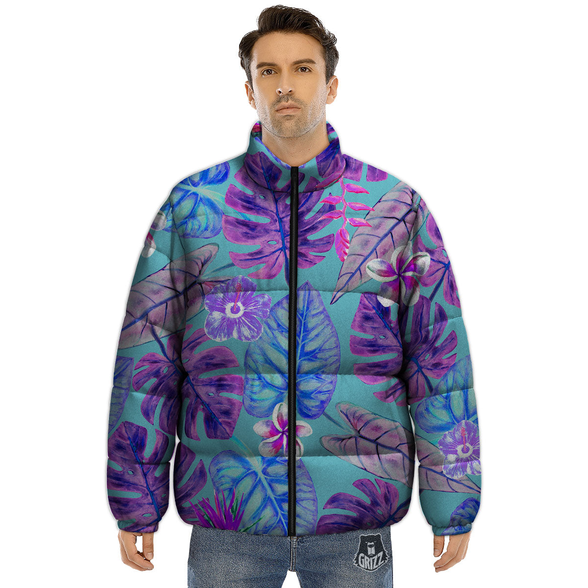 Tropical Leaf Teal And Purple Print Puffer Jacket-grizzshop