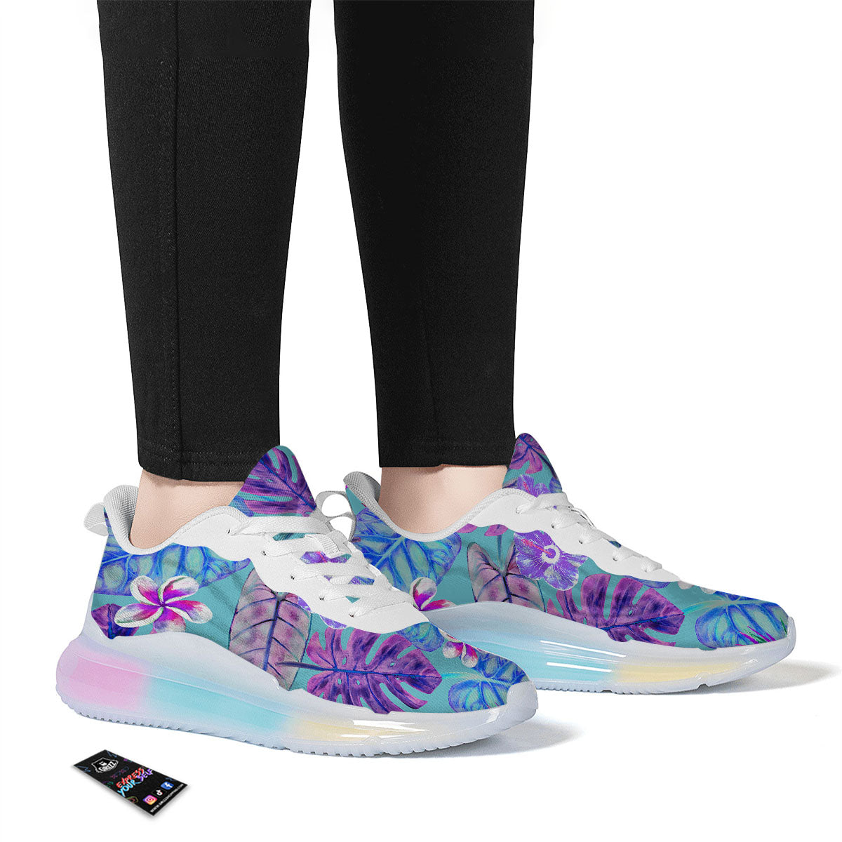 Tropical Leaf Teal And Purple Print Running Sneakers-grizzshop