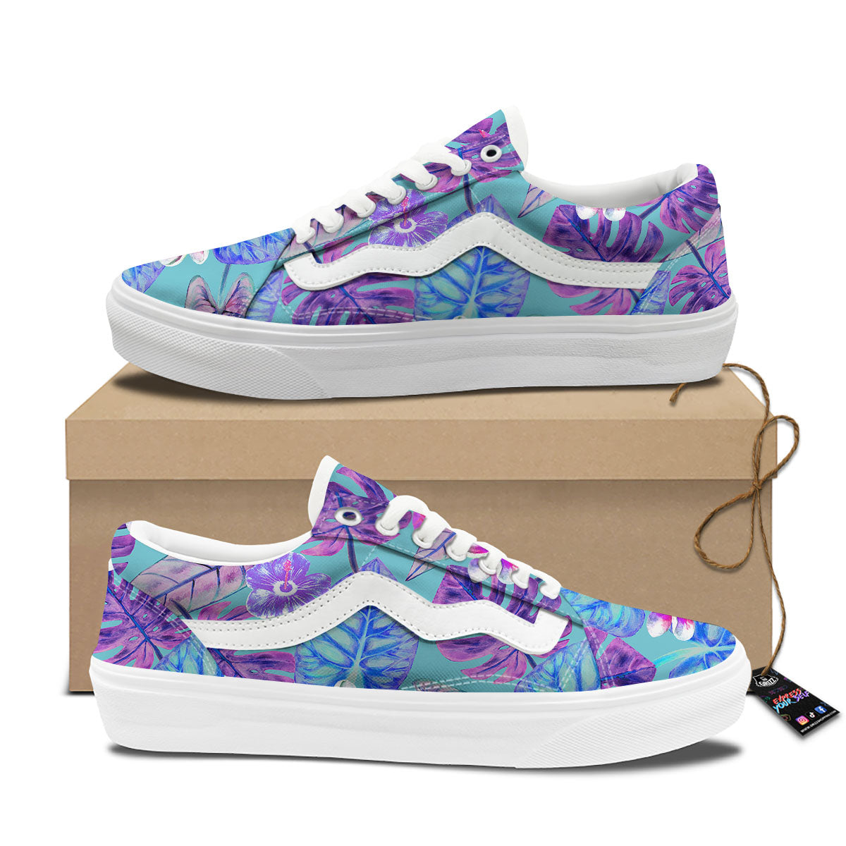 Tropical Leaf Teal And Purple Print Skate Shoes-grizzshop