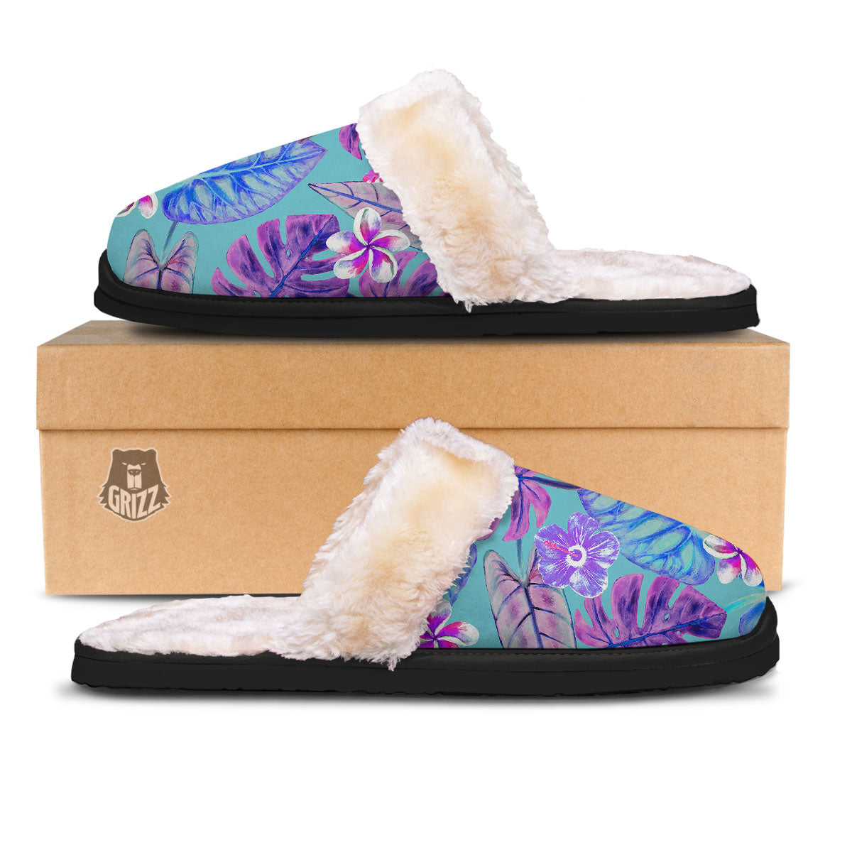 Tropical Leaf Teal And Purple Print Slippers-grizzshop