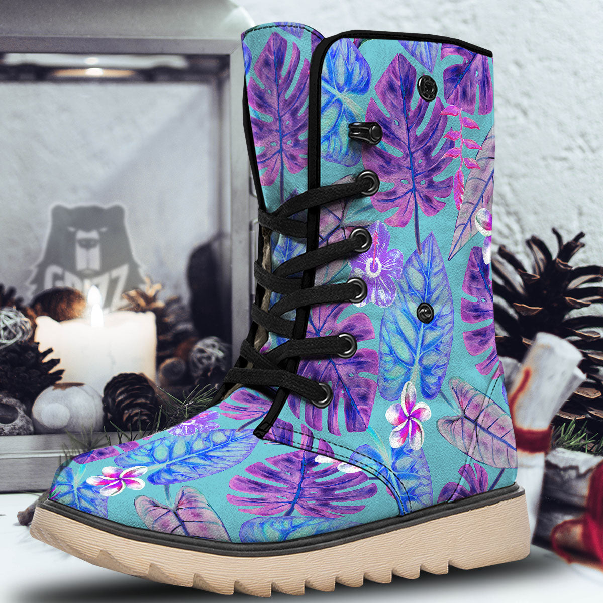 Tropical Leaf Teal And Purple Print Snow Boots-grizzshop