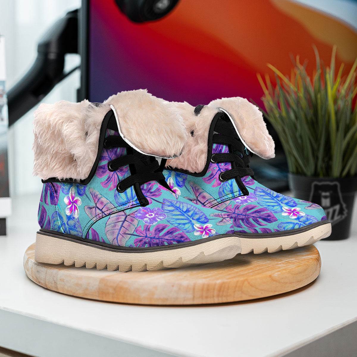 Tropical Leaf Teal And Purple Print Snow Boots-grizzshop