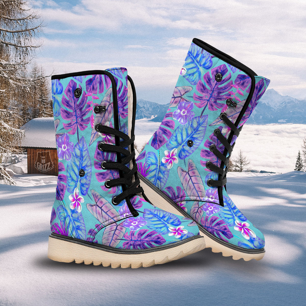 Tropical Leaf Teal And Purple Print Snow Boots-grizzshop