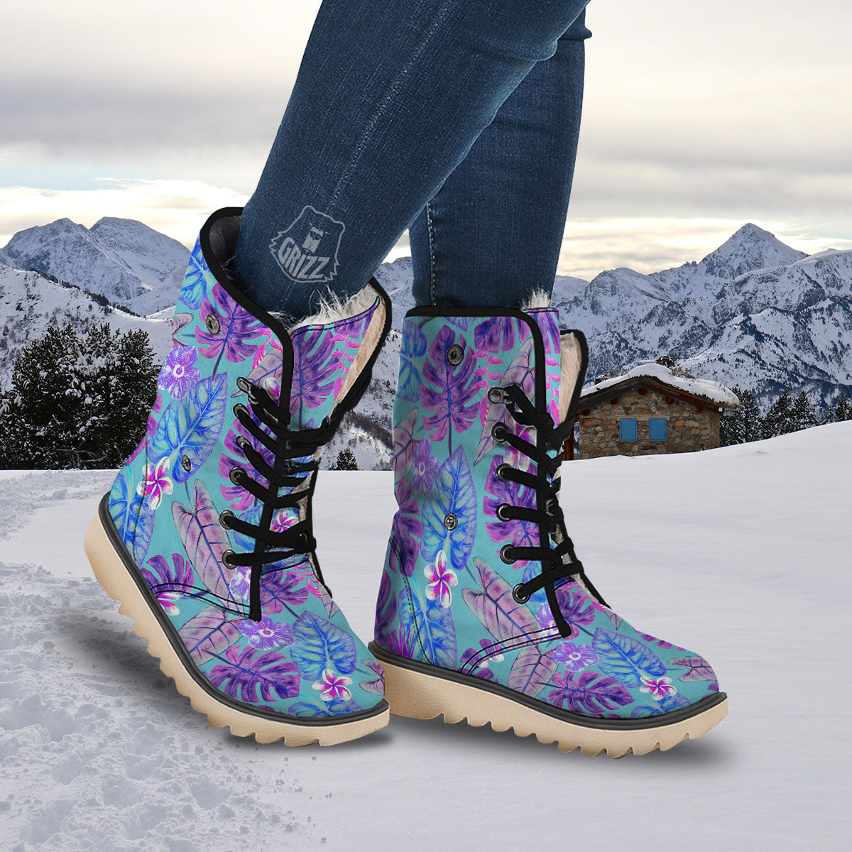 Tropical Leaf Teal And Purple Print Snow Boots-grizzshop
