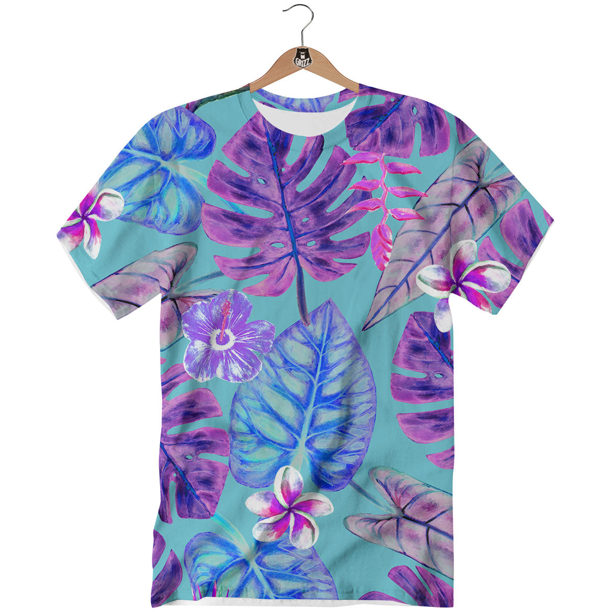 Tropical Leaf Teal And Purple Print T-Shirt-grizzshop