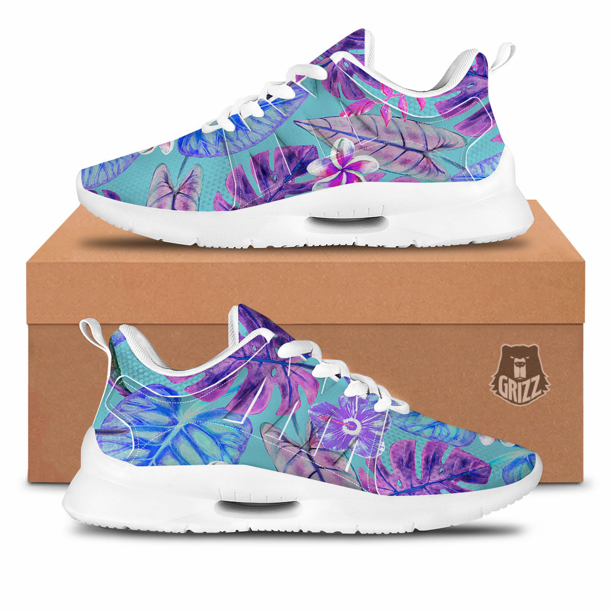 Tropical Leaf Teal And Purple Print Tennis Shoes-grizzshop