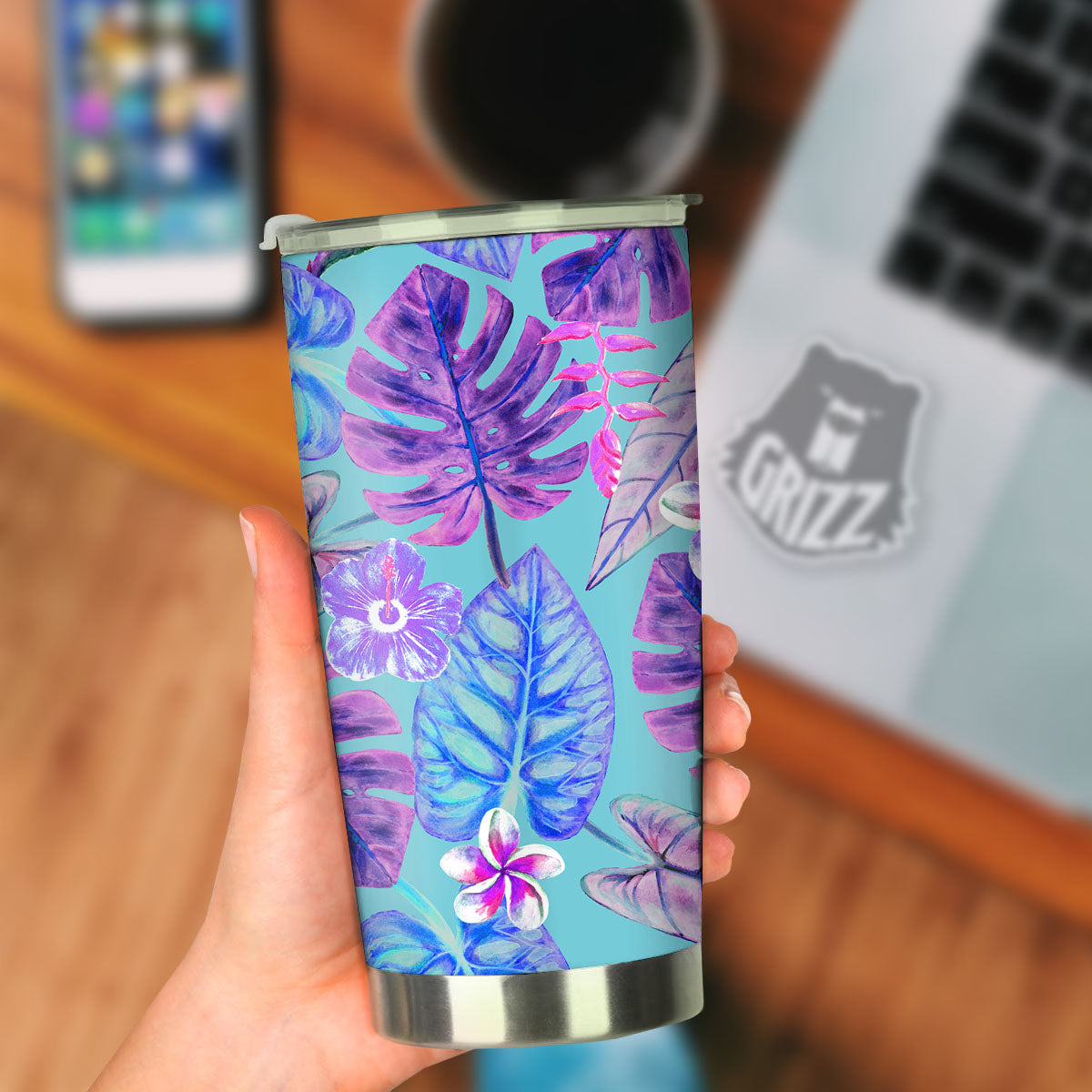 Tropical Leaf Teal And Purple Print Tumbler-grizzshop