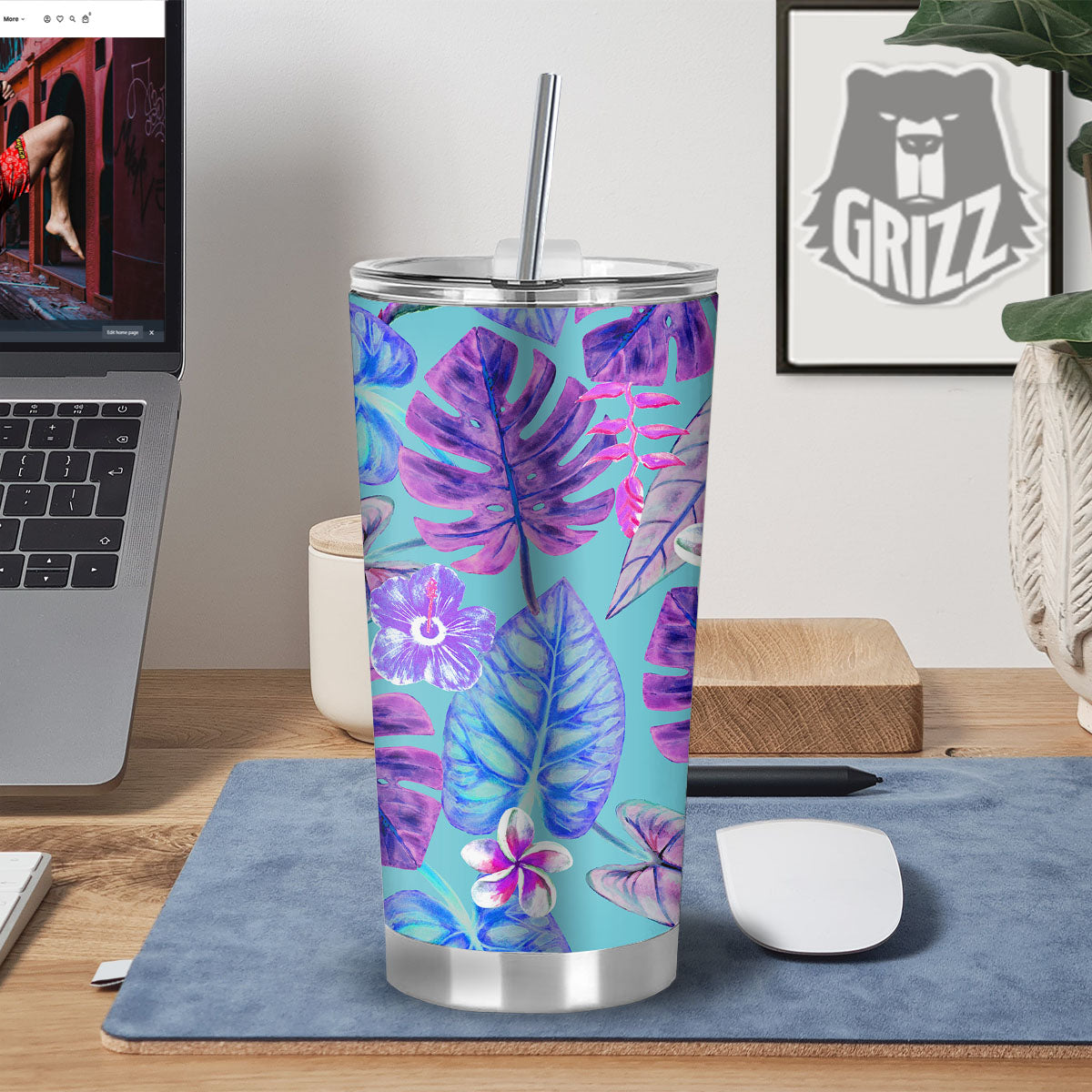 Tropical Leaf Teal And Purple Print Tumbler-grizzshop