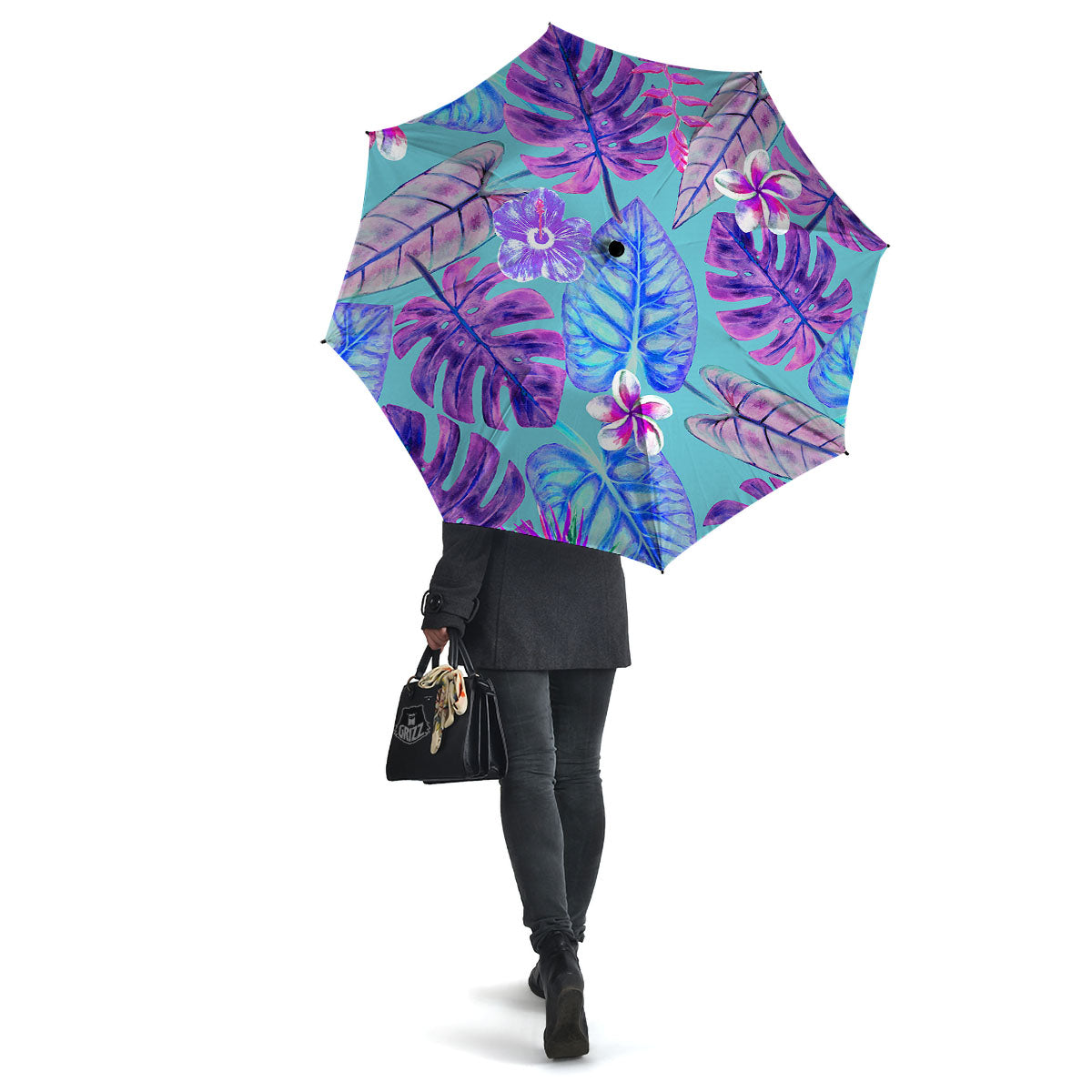 Tropical Leaf Teal And Purple Print Umbrella-grizzshop