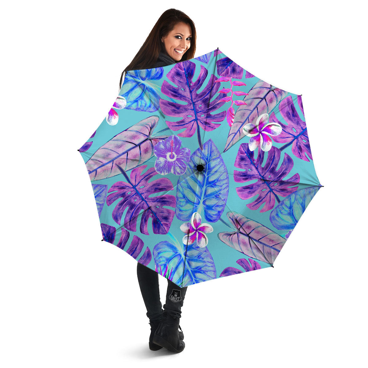 Tropical Leaf Teal And Purple Print Umbrella-grizzshop