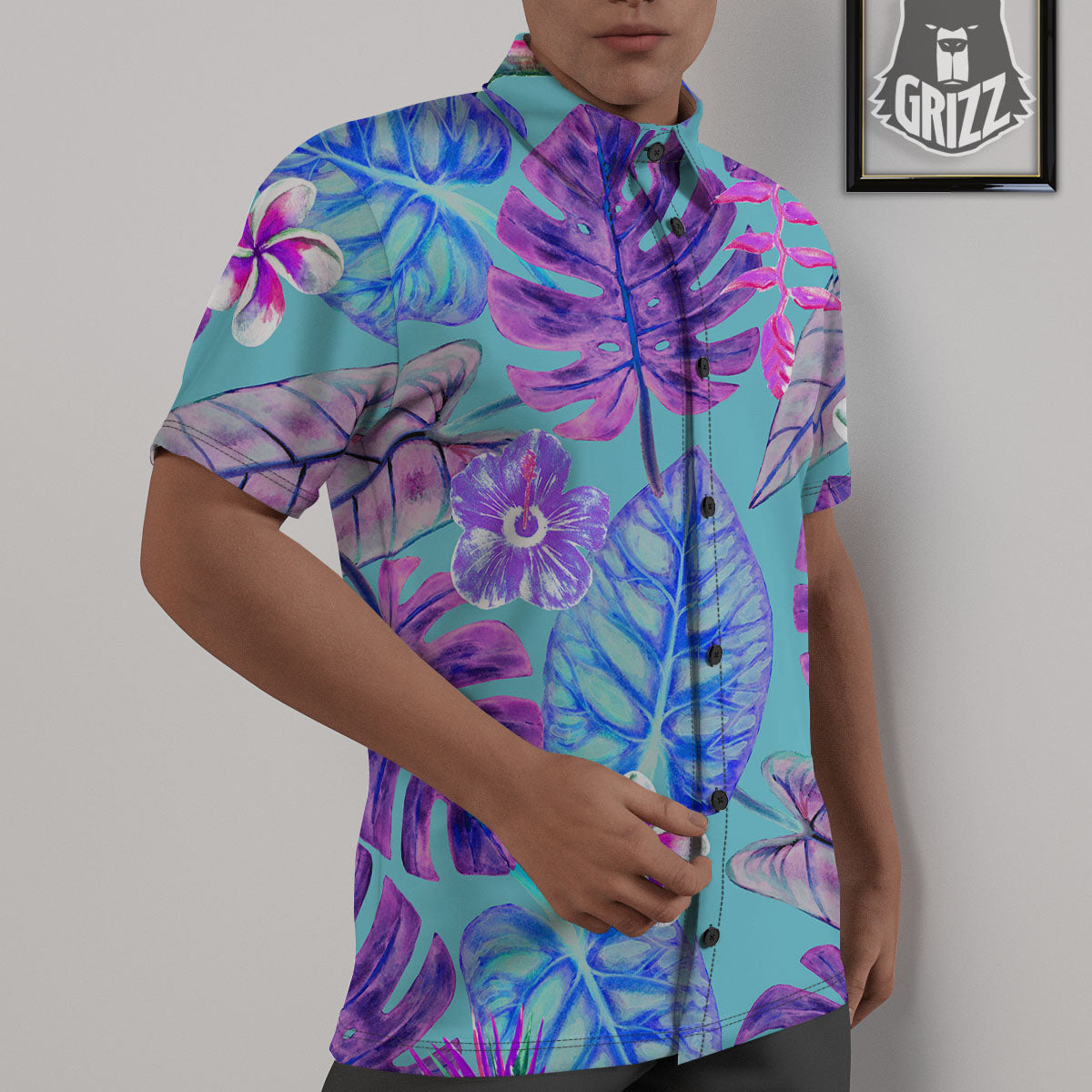 Tropical Leaf Teal And Purple Print Untucked Shirts-grizzshop