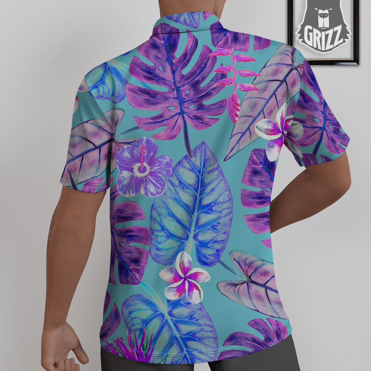Tropical Leaf Teal And Purple Print Untucked Shirts-grizzshop