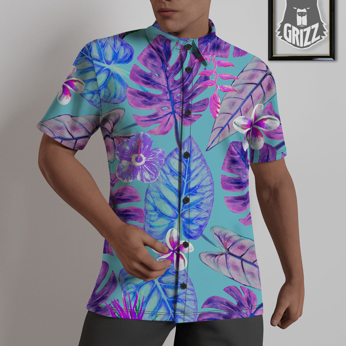 Tropical Leaf Teal And Purple Print Untucked Shirts-grizzshop