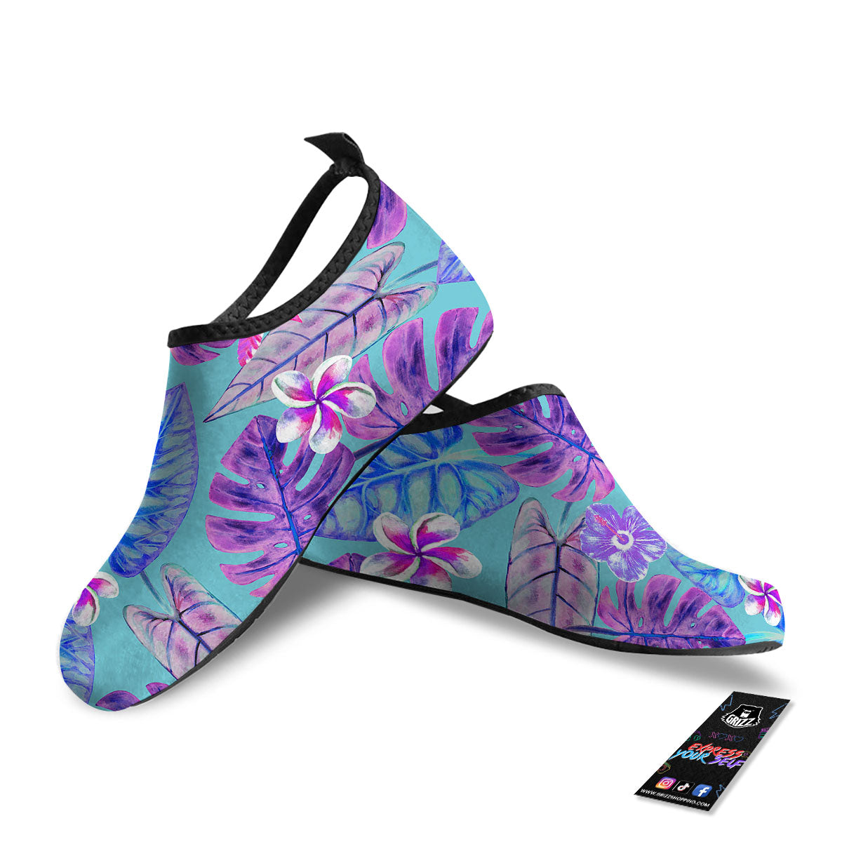 Tropical Leaf Teal And Purple Print Water Shoes-grizzshop