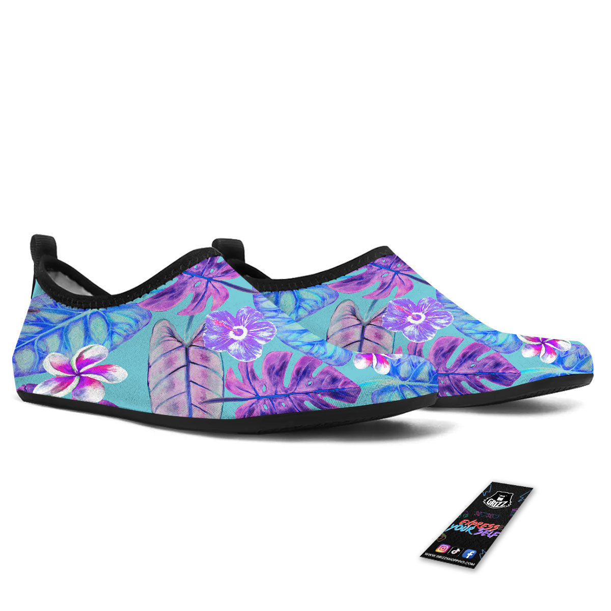 Tropical Leaf Teal And Purple Print Water Shoes-grizzshop