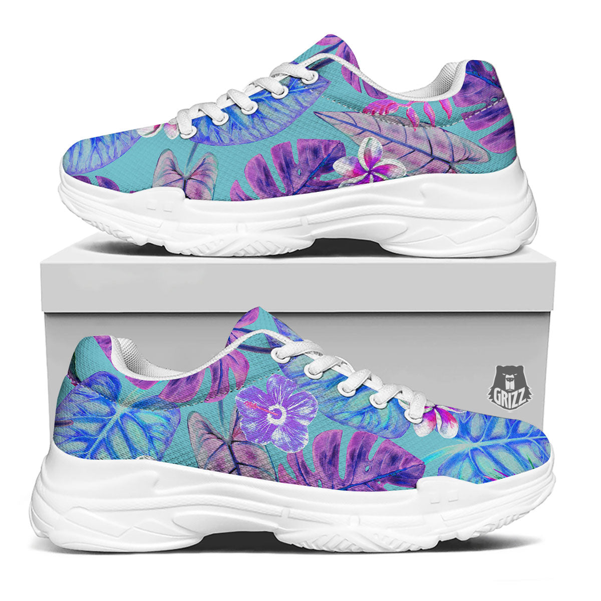 Tropical Leaf Teal And Purple Print White Chunky Shoes-grizzshop
