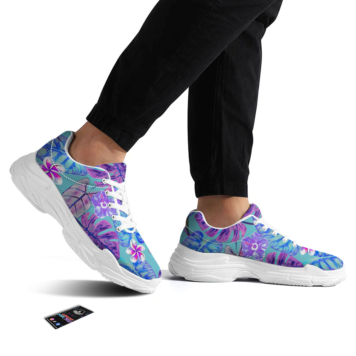 Tropical Leaf Teal And Purple Print White Chunky Shoes-grizzshop