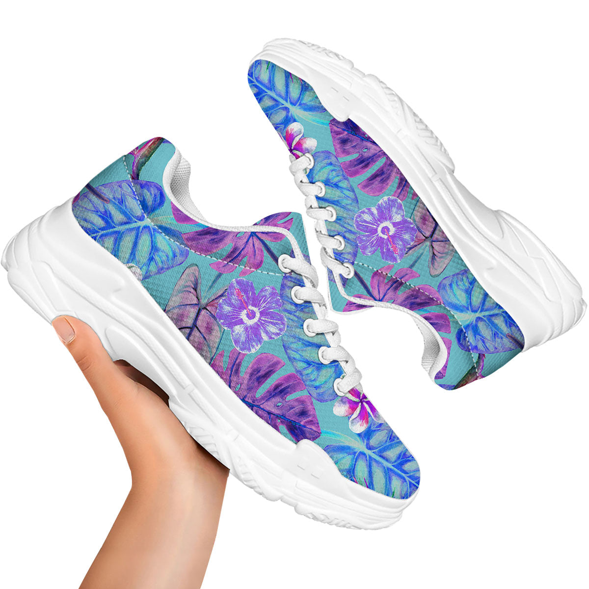 Tropical Leaf Teal And Purple Print White Chunky Shoes-grizzshop