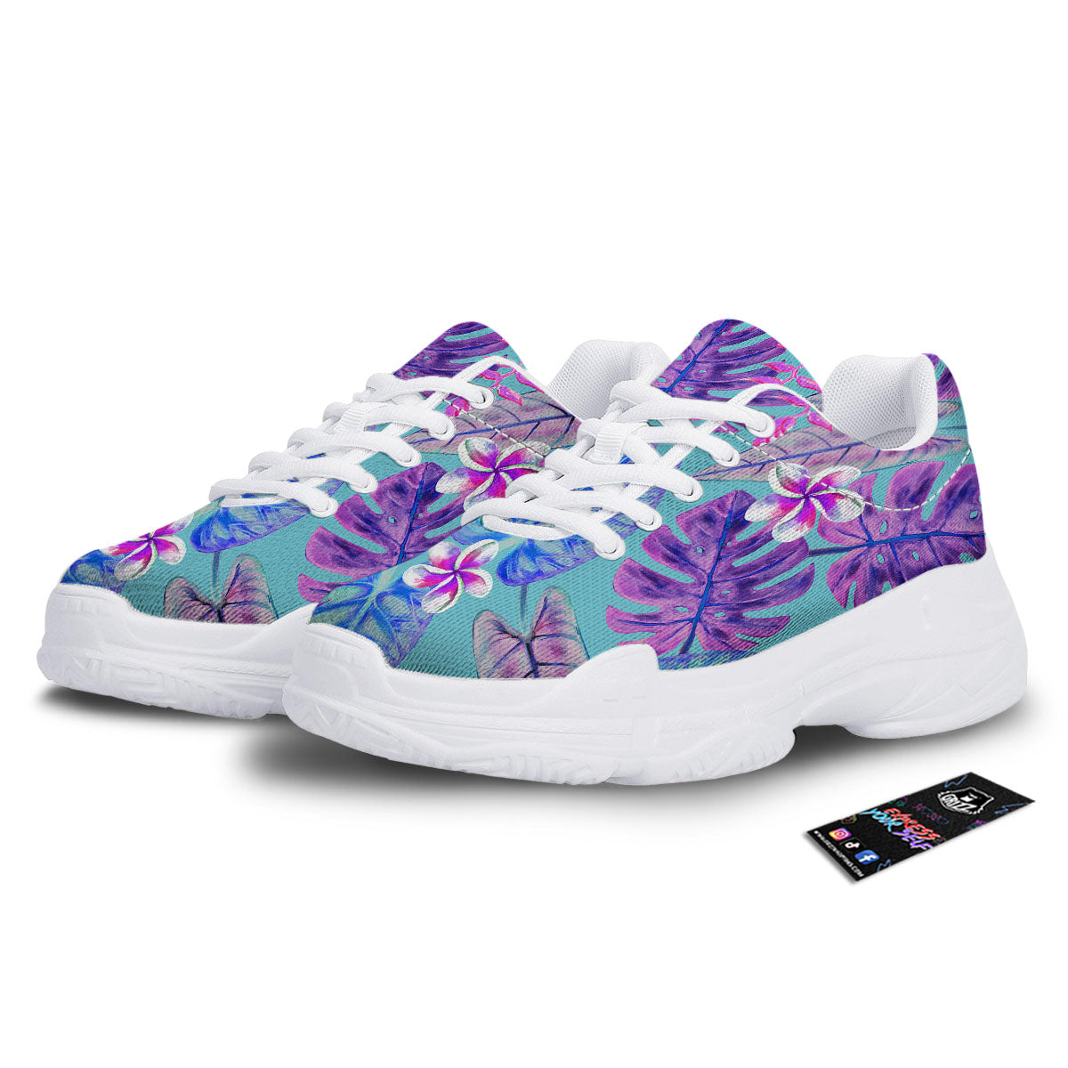 Tropical Leaf Teal And Purple Print White Chunky Shoes-grizzshop