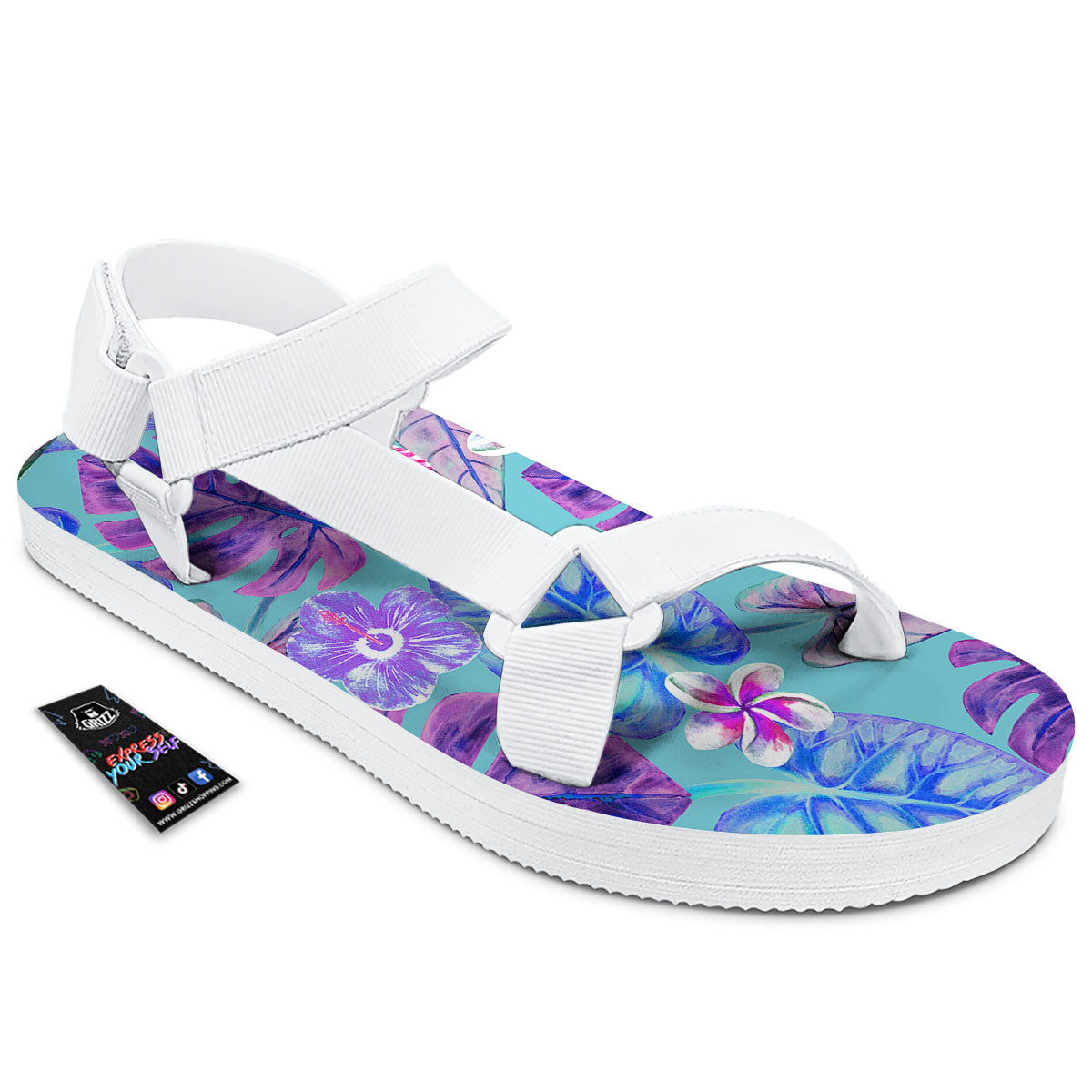 Tropical Leaf Teal And Purple Print White Open Toe Sandals-grizzshop