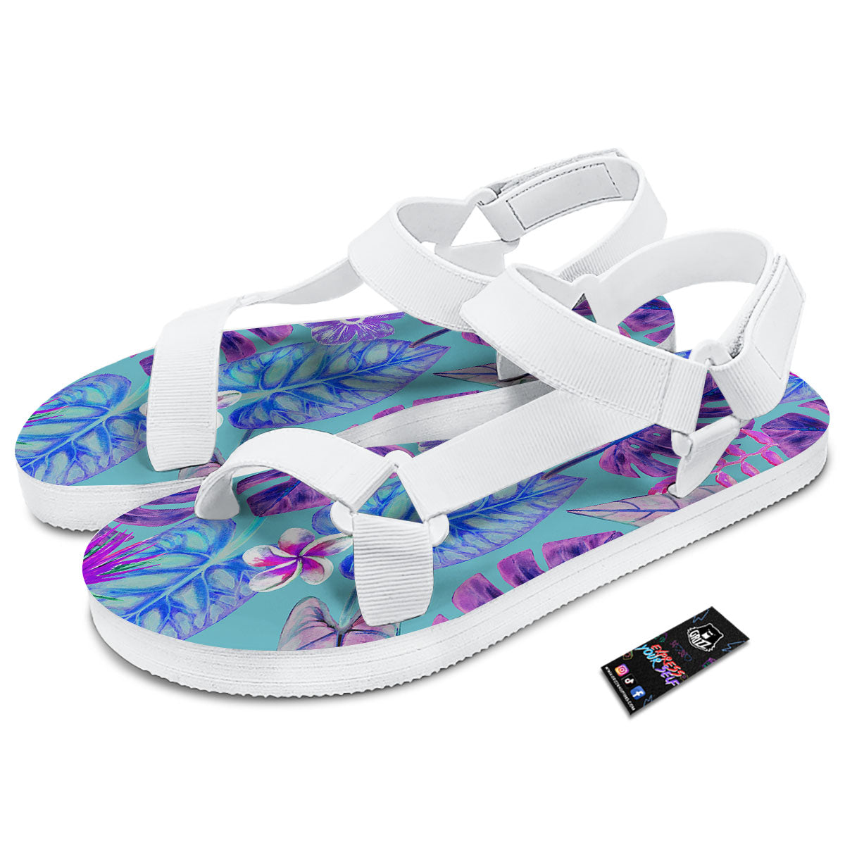 Tropical Leaf Teal And Purple Print White Open Toe Sandals-grizzshop