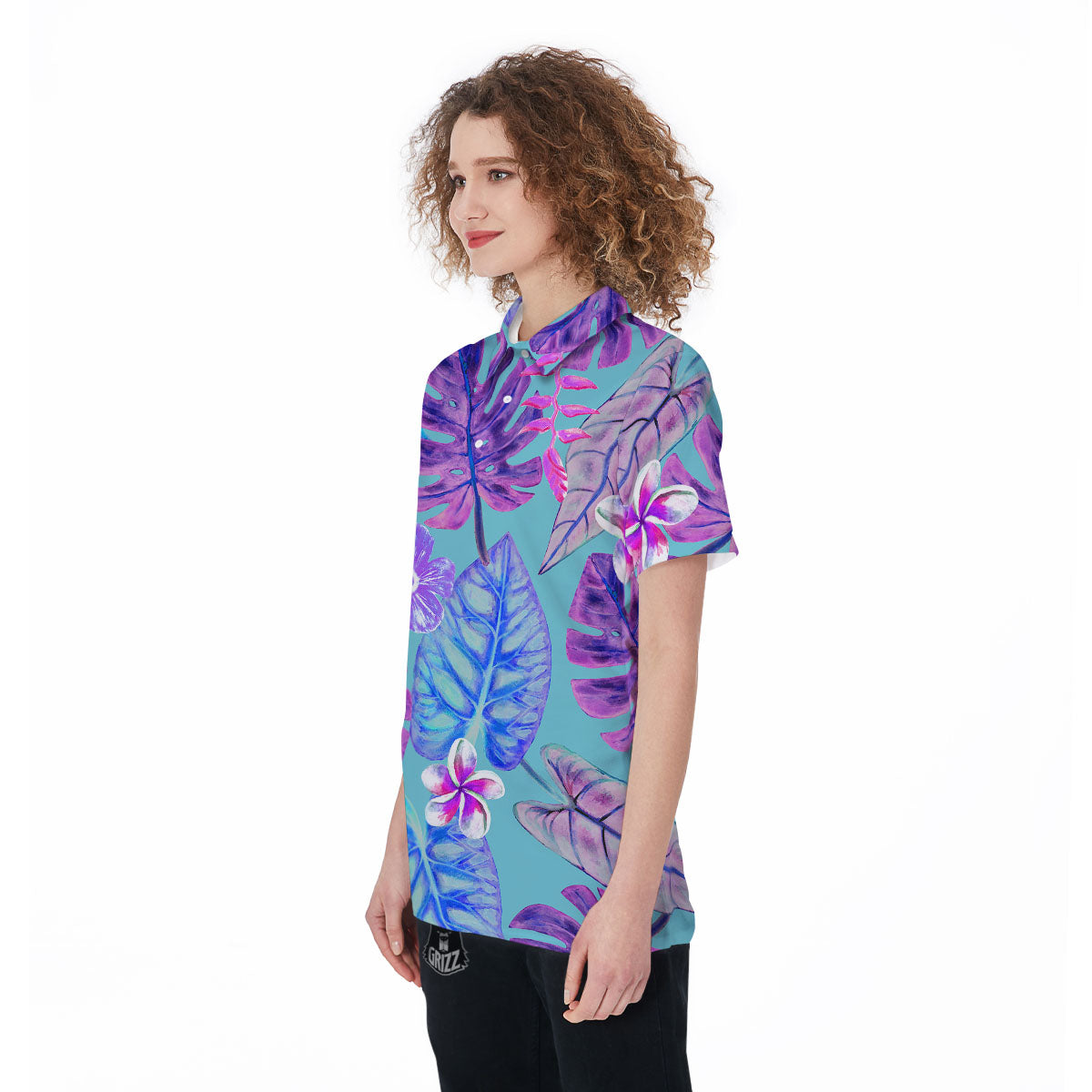 Tropical Leaf Teal And Purple Print Women's Golf Shirts-grizzshop