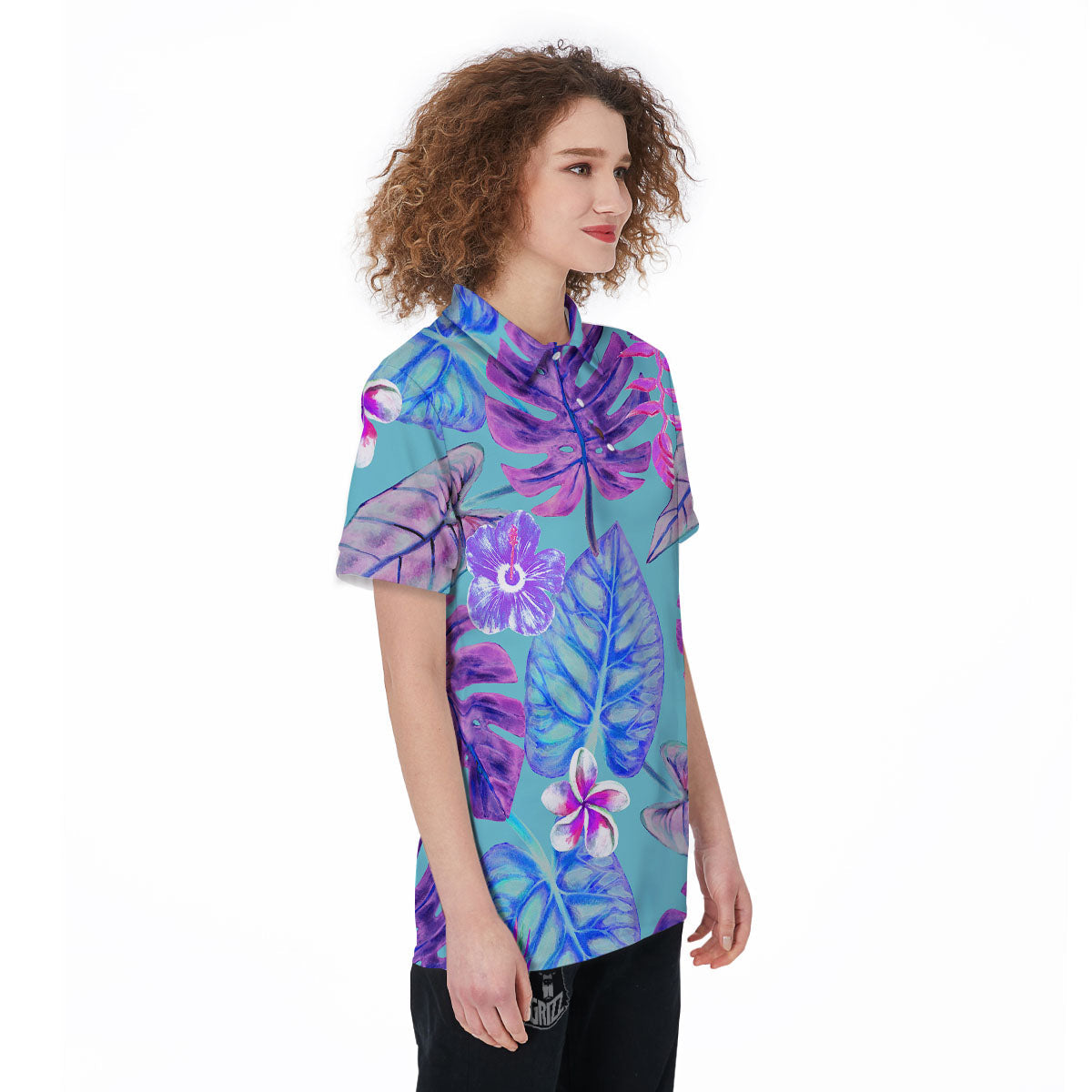 Tropical Leaf Teal And Purple Print Women's Golf Shirts-grizzshop