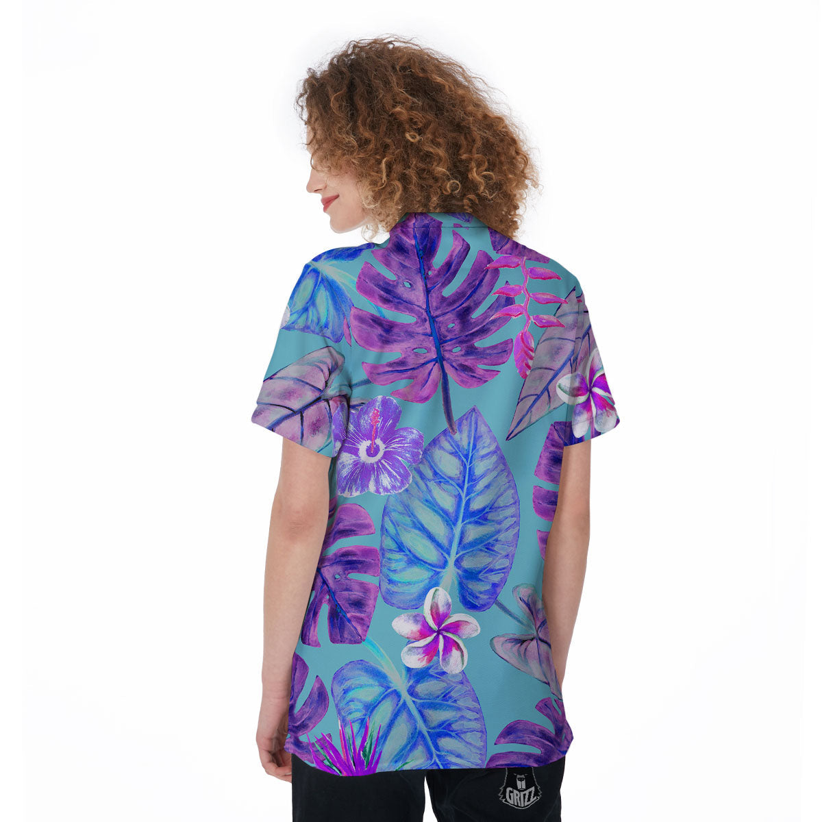 Tropical Leaf Teal And Purple Print Women's Golf Shirts-grizzshop