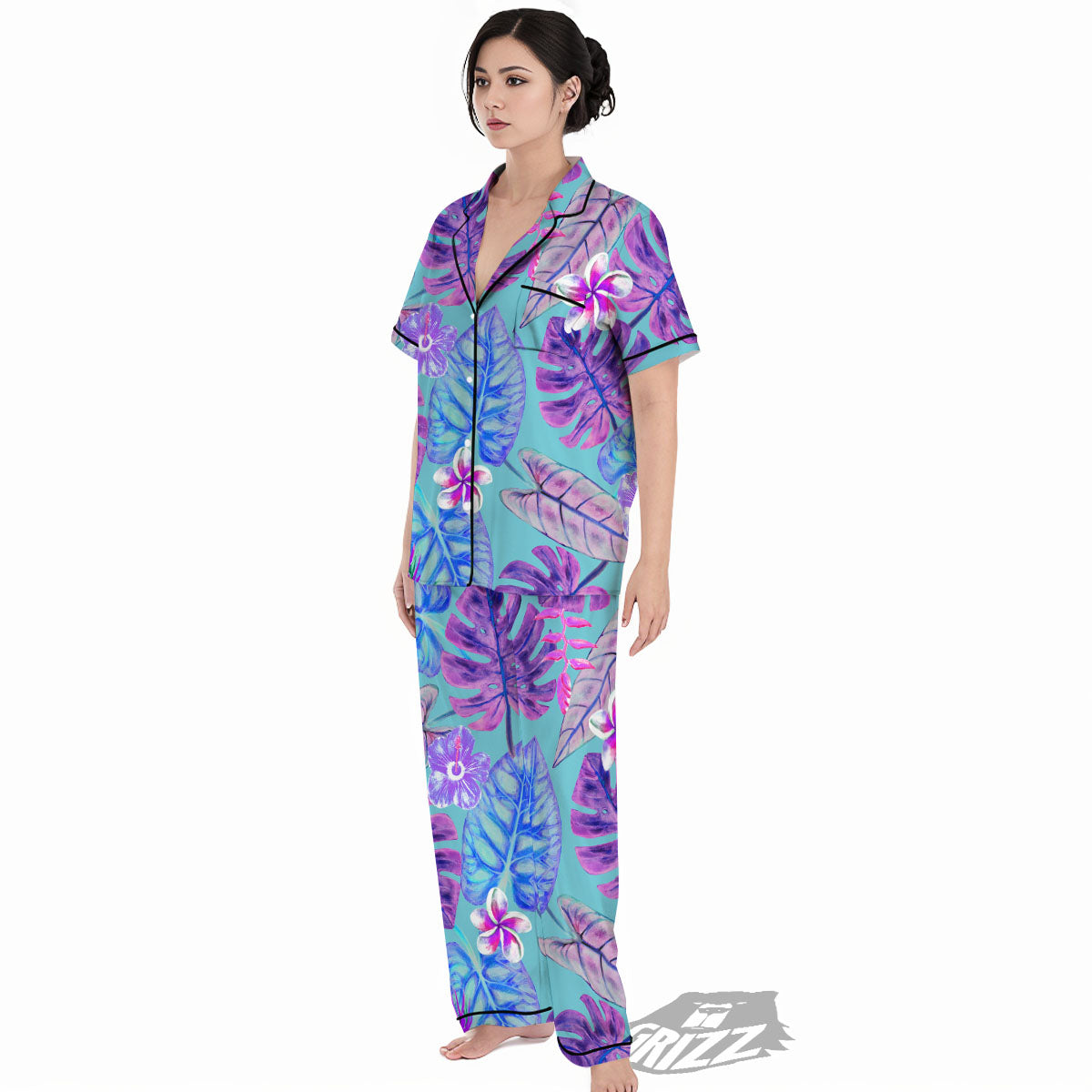 Tropical Leaf Teal And Purple Print Women's Pajamas Set-grizzshop