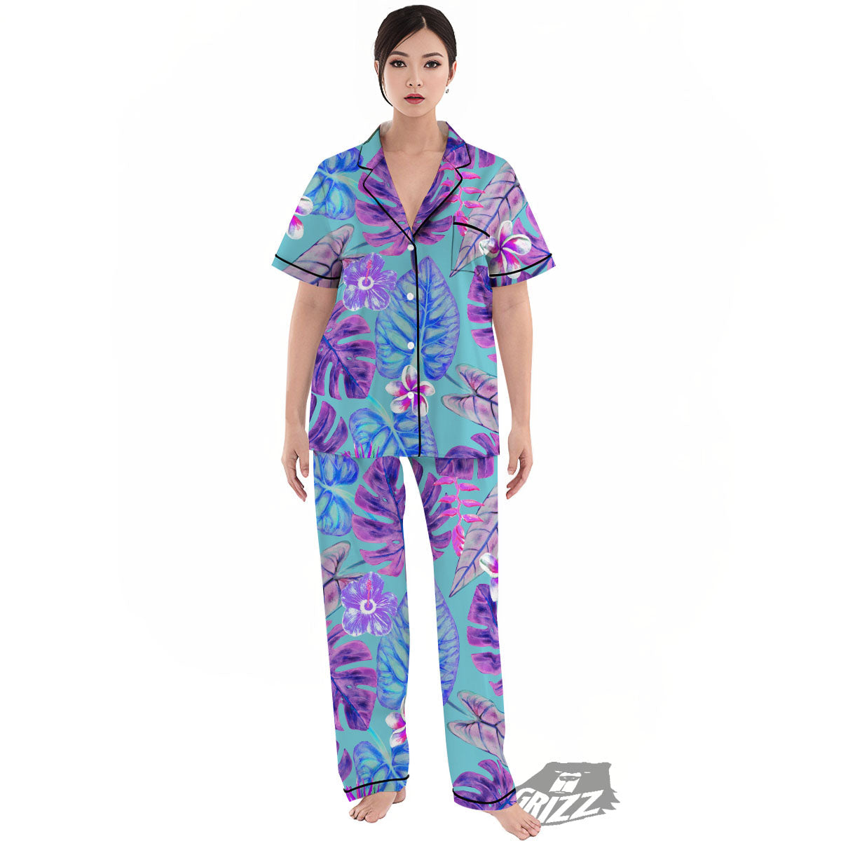 Tropical Leaf Teal And Purple Print Women's Pajamas Set-grizzshop