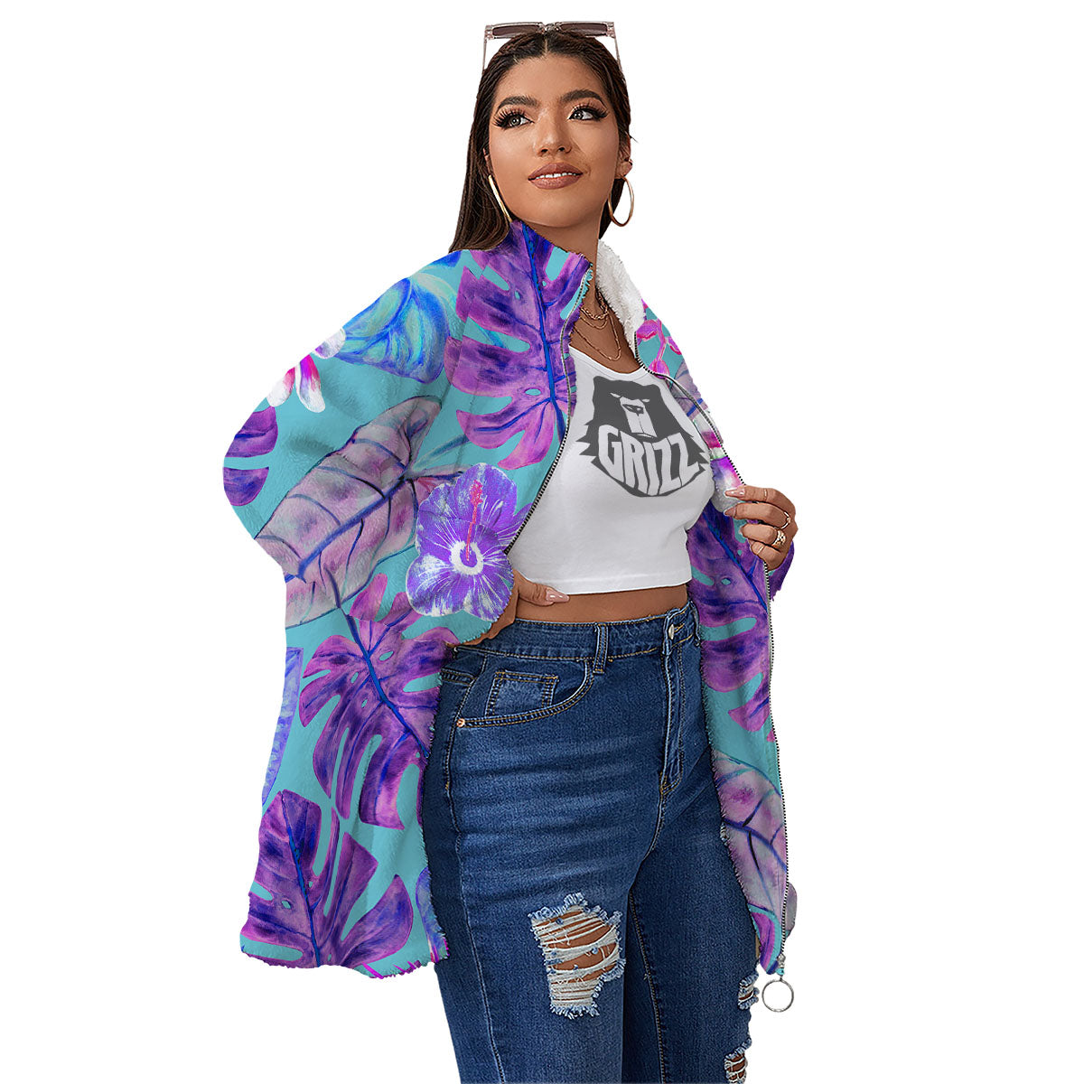 Tropical Leaf Teal And Purple Print Women's Sherpa Jacket-grizzshop