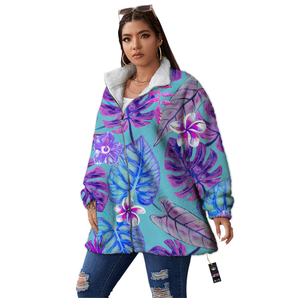 Tropical Leaf Teal And Purple Print Women's Sherpa Jacket-grizzshop