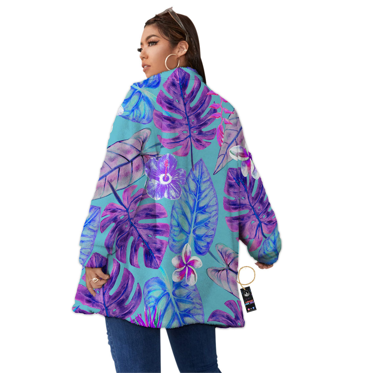 Tropical Leaf Teal And Purple Print Women's Sherpa Jacket-grizzshop