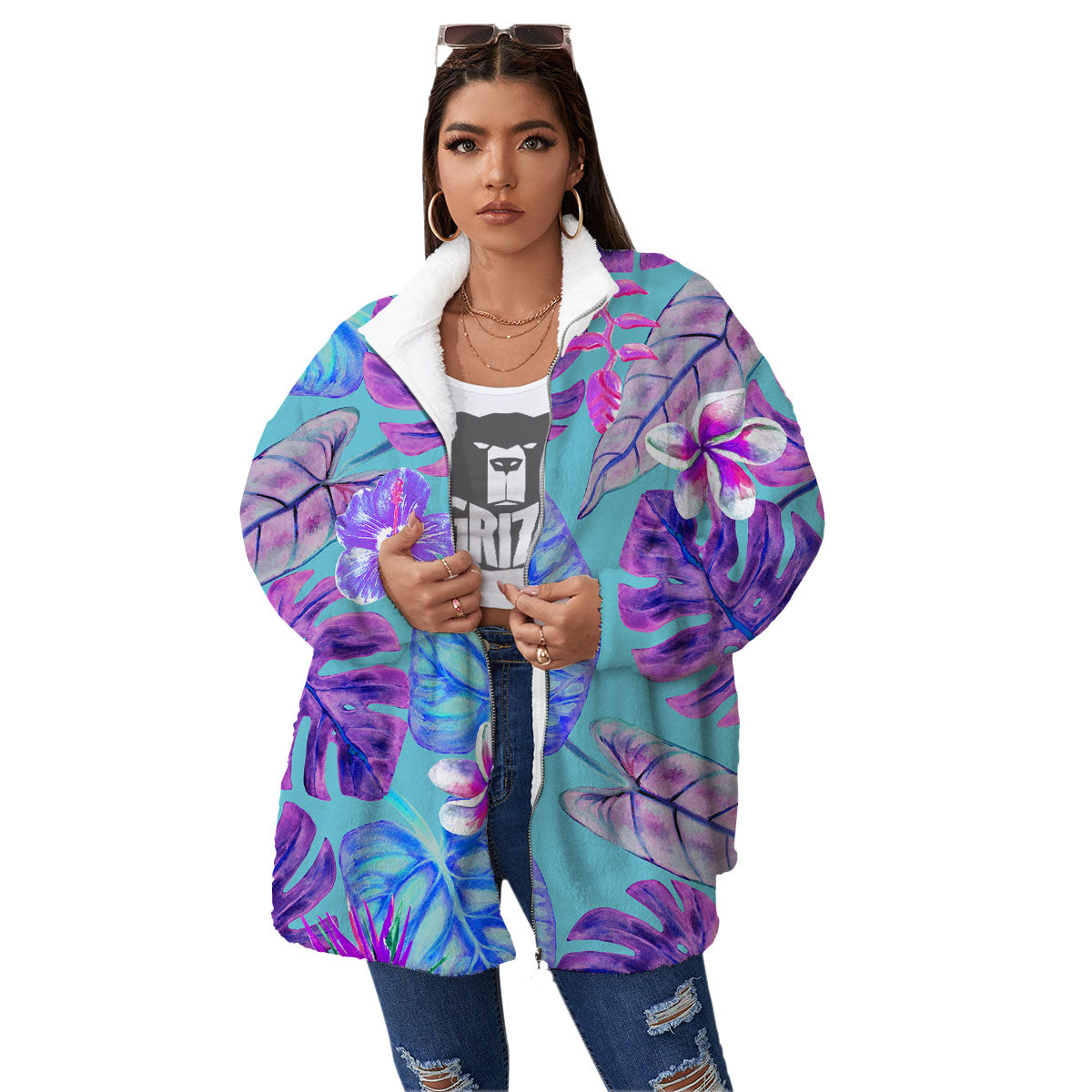 Tropical Leaf Teal And Purple Print Women's Sherpa Jacket-grizzshop